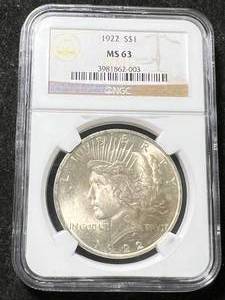 lot 60 image: 1922 US PEACE SILVER DOLLAR NGC MS63