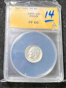 lot 63 image: 1955 PROOF US ROOSEVELT DIME ANACS PF66