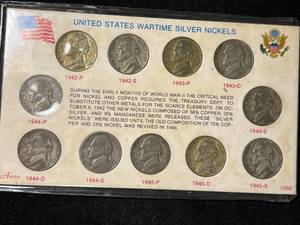 lot 100 image: US WARTIME SILVER NICKELS 11 COIN SET