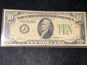 lot 107 image: 1934 US GREEN SEAL $10 FEDERAL RESERVE NOTE