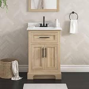 Home Decorators Collection Doveton 24 in. Single Sink Freestanding Weathered Tan Bath Vanity with White Engineered Marble Top (Assembled)  Customer Returns See Pictures