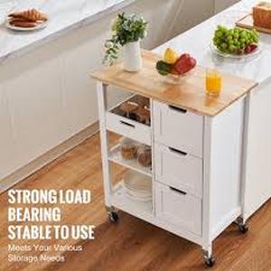 lot 27 image: VEVOR Natural Wood Kitchen Island Cart Rolling Storage Cabinet on Wheel, Kitchen Cart with Drawer and Shelves, White  Customer Returns See Pictures