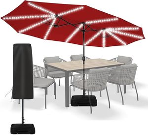 lot 63 image: Sundale 15 Outdoor Solar 144 LED Patio Umbrella with Sandbag Base (Brick Red)