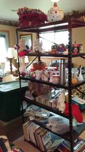 lot 926 image: 6-teir Shelf, Covered totes (2) with Christmas Content.