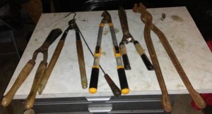 lot 718 image: Vintage Giant Chain Plier, various Hedge trimmers and more.