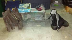lot 747 image: Live Traps, Walkie Talkies, Boots and more.