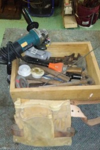 lot 981 image: Tool belt, Makita Grinder, Hand tools