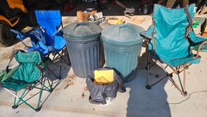 lot 586 image: Garbage Cans (3) and Foldable Chairs (3).
