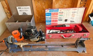 lot 602 image: Milwaukee Heavy Duty Sawzall, Turning Lath, Hedge Trimmer, And Skil Classic Router.