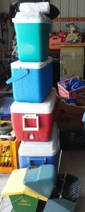 lot 768 image: John Deere Bird Feeder, Coolers, Garbage Bags and More.