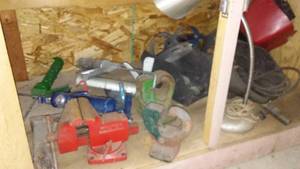lot 854 image: Large Size Wrenches, Vice, Ball and Hitch, Welding Helmet and More.