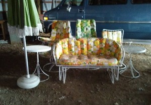 lot 865 image: Outdoor Furniture. Glider, Umbrella, Stool, Tables Chairs (3).