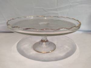 lot 11 image: JEANETTE Glass Company Cake Stand - Harp Pattern Depression Glass