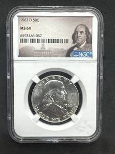 lot 4 image: 1963-D Mint Franklin Half Dollar MS64