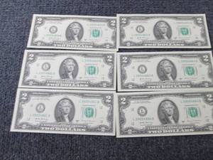 lot 268 image: 6 Sequential, Uncirculated $2 Bills...