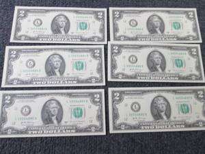 lot 272 image: 6 Sequential, Uncirculated $2 Bills...