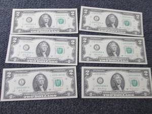 6 Sequential, Uncirculated $2 Bills...