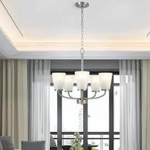 lot 23 image: Hampton Bay Helena 21 in 5-Light Brushed Nickel Hanging Chandelier with Frosted Glass Shades for Dining Room   Customer Returns See Pictures