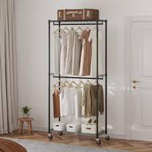 lot 35 image: VEVOR Heavy Duty Clothes Rack, Double Hanging Rods Clothing Garment Rack with Bottom, Storage Tier, Hold Up to 300lbs. Black  Customer Returns See Pictures