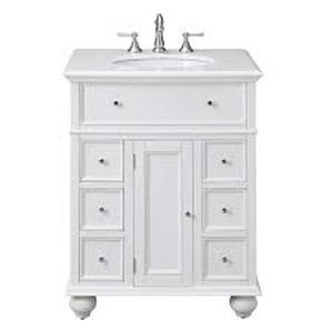 Home Decorators Collection Hampton Harbor 28 in. W x 22 in. D x 35 in. H Single Sink Freestanding Bath Vanity in White with White Marble Top   Customer Returns See Pictures