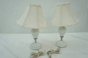 lot 18 image: White Hobnail Milk Glass Lamps 16 tall