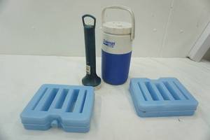 lot 100 image: cooler ice packs, water cooler, & vintage flashlight