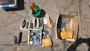 lot 28 image: Tiling and Grouting Tools Set, includes trowels, grout floats, sponges, caulking gun, tile cutter, mixing tools