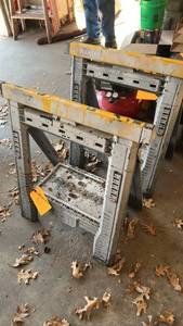 lot 30 image: Stanley Yellow & Gray Folding Sawhorse Pair, Load Capacity 1,000 lbs, V-Groove