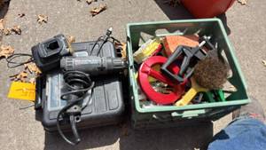 lot 45 image: Assorted tools to include Black & Decker 18V Cordless Drill, DeWalt DW9116 Charger, Porter Cable Tool, Battery Type Ni-Cd, Charger Voltage 7.2V - 18V, Included Accessories Assorted hand tools and accessories.