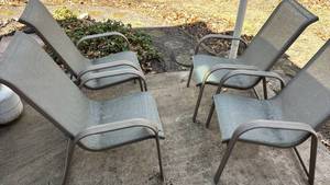 lot 75 image: Set of 4 Gray Outdoor Patio Chairs, Metal Frame, Mesh Fabric, Armrests