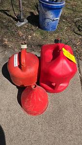 lot 86 image: (2) Red Gasoline Containers, & funnel