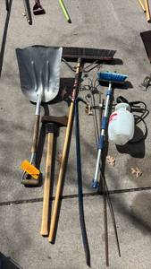lot 108 image: Shovel, Brooms, Axe, Crowbar, Hose Sprayer - Various Hand Tools Set
