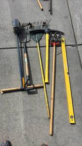lot 109 image: Garden Tools Set Rake, Fork, Pick, Cultivator and Level