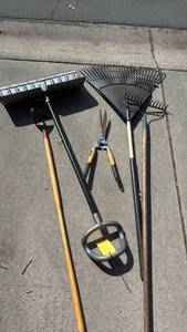 lot 110 image: Set of Garden Tools with Rakes, Snow shovel, and Hedge Shears