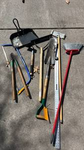 lot 112 image: Garden and Yard Tools Set, Level, Broom, saw, shovel & more