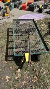 lot 145 image: Green Metal Garden Utility Cart with Pneumatic Tires, Pull Handle,