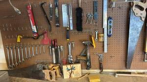 lot 153 image: Assorted Hand Tools Set Wrenches, Saws, Levels, Hammer & Hooks