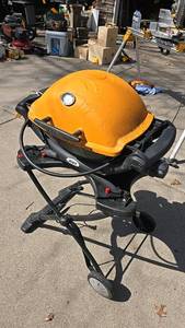 lot 166 image: Weber Q1200 Portable Gas Grill, Yellow, 8500 BTU, w stand