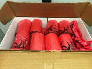 lot 93 image: 1 Open Case Biohazard Infectious Waste Trash Can Liners  Heavy-Duty, Reliable Protection  Perfect for Medical, Laboratory, or Industrial Use  Bulk Supply to Keep Workspaces Safe and Compliant