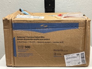 lot 104 image: 1 Case (500 Bibs Each) Patterson Dental 3-Ply Tissue, 1-Ply PE Premium Patient Bibs Blue  Soft, Durable & Absorbent  Perfect for Dental Clinics & Medical Offices  Bulk Supply