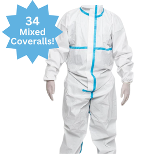 lot 29 image: Lot of 34 Mixed Size & Style Disposable Hazmat Painting Protective Coveralls Bunny Suits  Perfect For Worksites, Labs, Or Home Use  Durable, Lightweight, And Ready To Wear  Great Supply For Safety And Protection