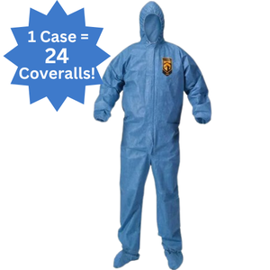 MSRP $350 = 1 Case (24 each) KleenGuard 45094 A60 Bloodborne Pathogen &amp; Chemical Splash Protection Hooded &amp; Booted Coveralls – Size XL Denim Blue – Durable &amp; Protective Apparel- Highly Sought After!