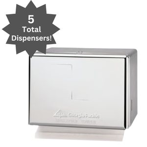 lot 31 image: MSRP $250   Lot of 5 Georgia-Pacific GP 56720 Singlefold Towel Dispensers  Sleek Chrome Finish  Durable Design Perfect For Bathrooms & Kitchens  Easy To Install & Use  Ideal For Commercial Or Home Settings