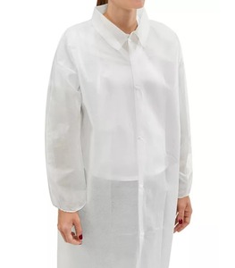lot 114 image: MSRP $800  16 Cases (25 each) Uline S-15374W-4X White Polypropylene No Pocket Snap Front Latex-Free Lab Coats Size 4XL & 1 Case (30 each) Acute Care Pharma PCOAT797-L White Polypropylene Elastic Wrist No Pocket Lab Coats Size Large