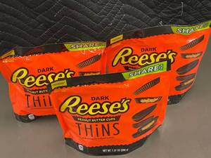 lot 8 image: IA 3 - 3-Pack of Reeses Dark Peanut Butter Cups Thins Share Pack