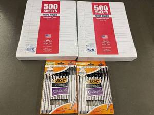 lot 19 image: Set of 2 Packs of Bic Cristal Xtra Smooth Pens and 2 Reams of Notebook Paper