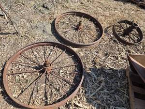 lot 51 image: Lot of 3 Vintage Cast Iron Wagon Wheels