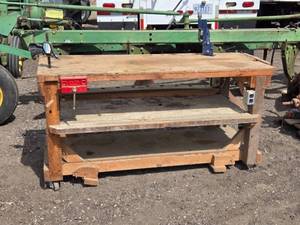 lot 81 image: Used Heavy Duty Wooden Workbench with Vise and Power Outlets