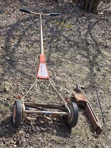 lot 194 image: Vintage Silent Scotts Push Reel Lawn Mower and Hand Seed Planter