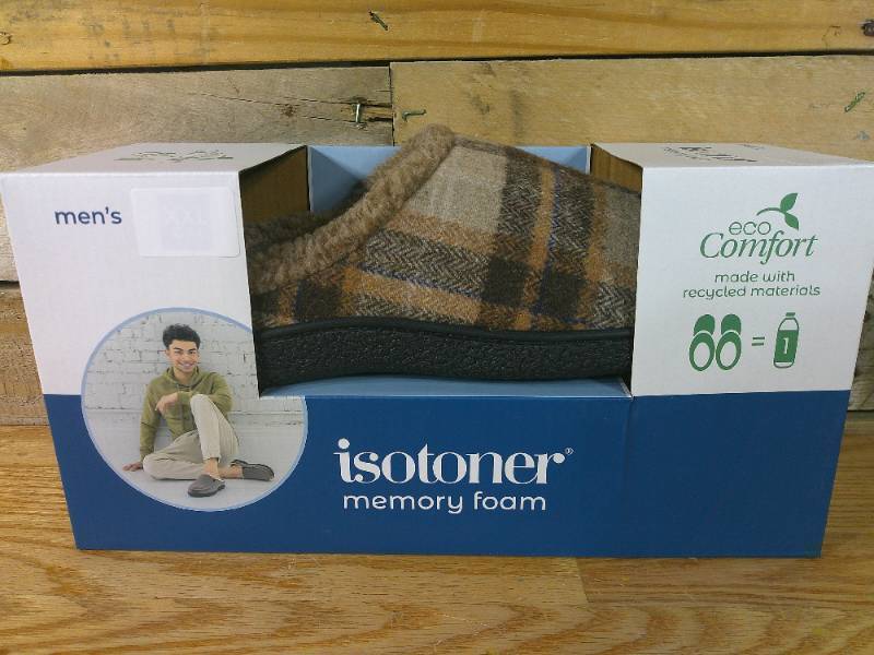 lot 252 image: Isotoner Mens Memory Foam eco Comfort Slippers - Plaid Dark Chocolate - XXL 13-14